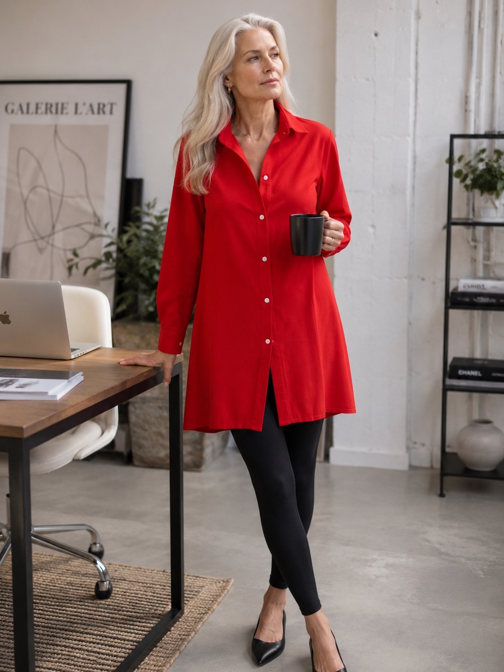 Vibrant Red Long Button-Up Tunic Shirt
